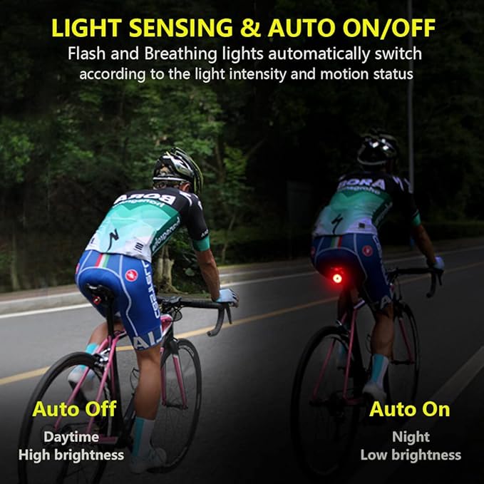 Smart Bike Tail Light: Auto On/Off Rear Bicycle Flashlight Ultra Bright Back Brake Light High Lumen Daytime Strobe USB Rechargeable Safety Red Led Taillight Waterproof Road Cycling Lights