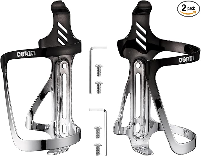 Corki Cycles Water Bottle Holder Aluminum Alloy Right and Left Entry Bike Water Bottle Holder for Road, Mountain and Gravel Bikes - Left Duo Pack - 2Pack - Black & Silver