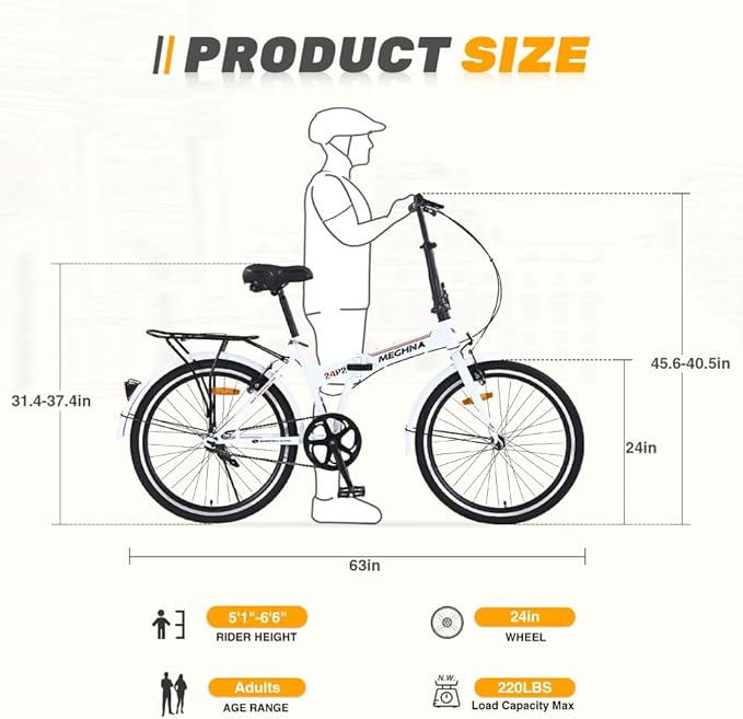 24 Inch Folding Bike for Adults, Steel Frame Single Speed City Commuter Bicycle, Dual V-Brake Portable Compact Bike with Fenders for Men Women