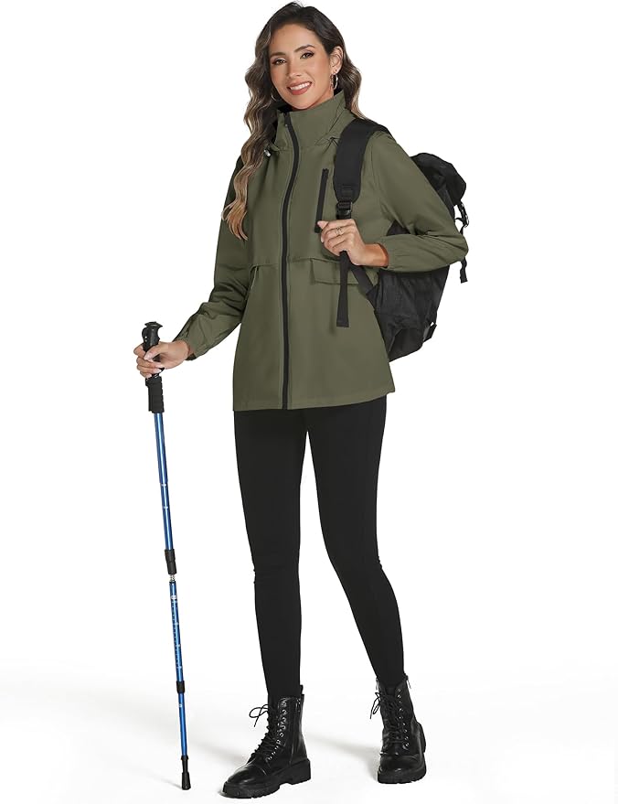 Avoogue Rain Jacket Women with Hooded Lightweight Waterproof Raincoats Packable Zipper Pockets Windbreakers