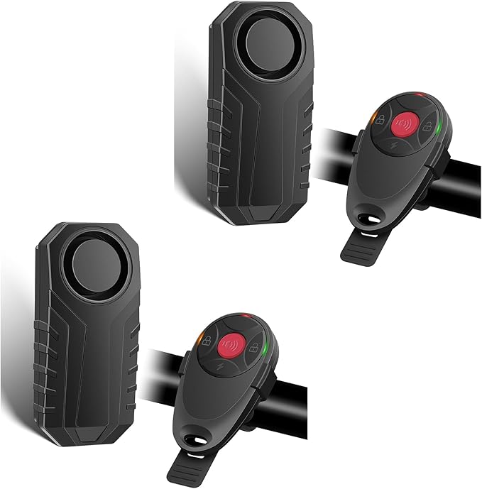 2PK Bike Alarm with Remote, 113dB Bike Alarm,Ebike Alarm with Remote for Motorcycle Moped Scooter IP65 Waterproof Adjustable Volume Sensitivity Universal Remote Strap for All Handlebar Sizes