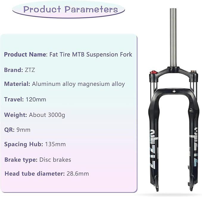 ZTZ 26 x 4.0 inch Fat Tyre MTB Suspension Fork - 100 mm Travel, 135 mm Spacing Hub, 9 mm QR, Manual Lockout Oil Spring Mountain Bike Front Fork, Ideal for Snow Beach XC Mountain Bikes