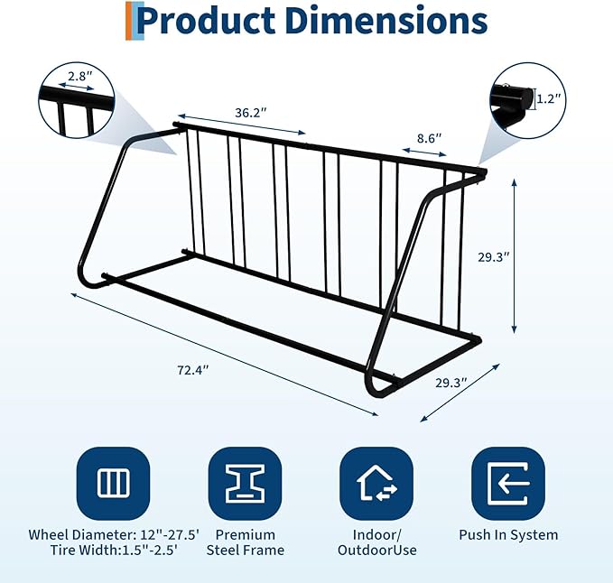 Single Side 6 Bike Floor Rack 72 Inch Length Freestanding Bicycle Parking Stand In Ground Grid Design For Garages Streets Yards And Bike Events Heavy Duty Storage (Black, Single Side 6 Bike)