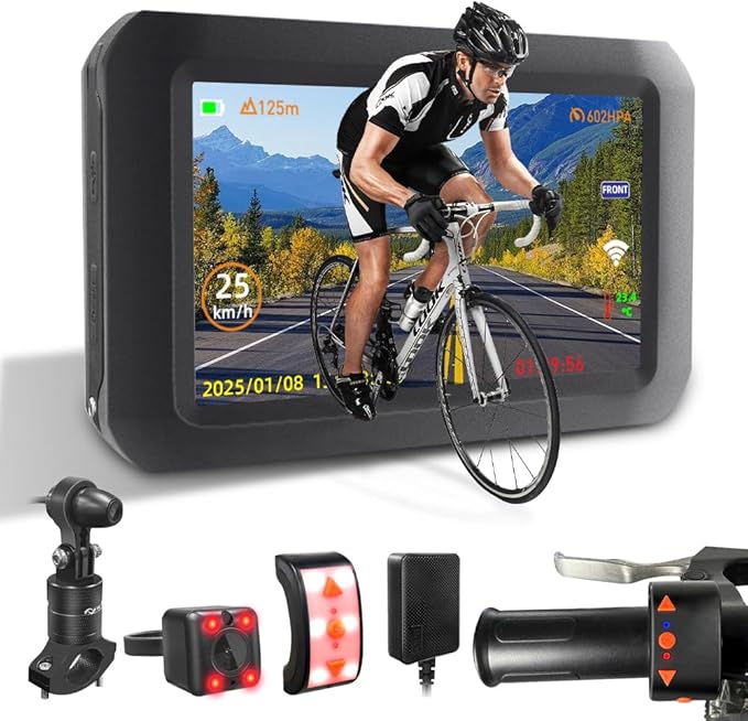 VSYSTO Bicycle Rear View Camera, WiFi GPS 4 Inch Screen HD 1080P Selfie and Rear Camera Dash Cam Handlebar Wired Controller Bike Mirror, Auto Power on/Off, Temperature and Calorie Display (F3)