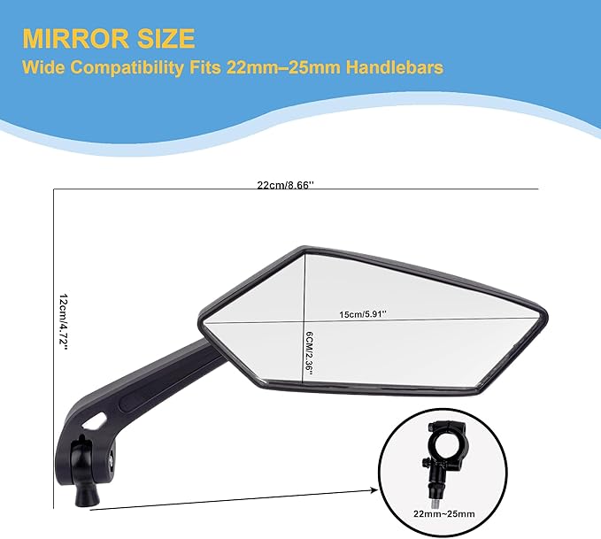 Bike Handlebar Mirror, Adjustable Rear View Bicycle Mirror for Adult Bikes, E-Bikes and Scooters, Clamp-On Mount, Clear Glass Lens, Easy Install Design