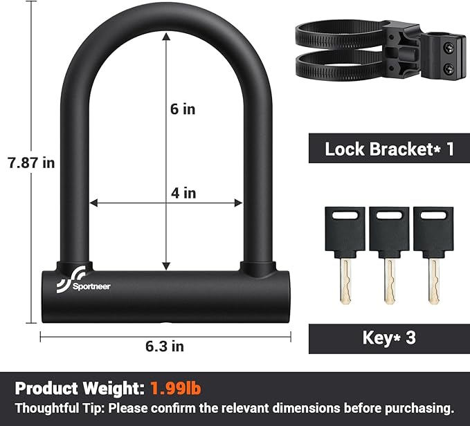 Sportneer Bike U Lock: 18mm Shackle Heavy Duty Bike Lock with Keys and Sturdy Mounting Bracket for Road, Mountain, Bicycle, Size 7.87''x6.3''