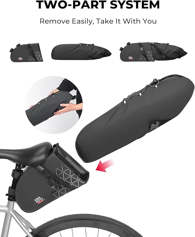 KEMIMOTO Bike Seat Bag Detachable, 11-13L Fully Waterproof Bicycle Saddle Pack with Reflective Panel, Reinforced PP Hardboard Base & Elastic Storage Bikepacking Pouch for MTB Road Bikes E-Bikes