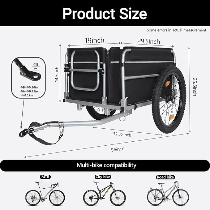 Lightweight Bicycle Trailer, Foldable Bike Cargo Trailer with Universal Hitch, Portable Bicycle Trailers Folding with Upgraded Fat Tires, for Camping, Groceries, 110 LBS Load Capacity