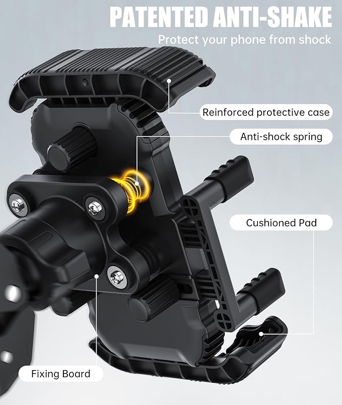 Motorcycle Phone Mount Holder - [Dual Vibration Dampener] [Upgrade Handlebar Clip] Motorcycle Cell Phone Holder, Bike Phone Mount (Black)