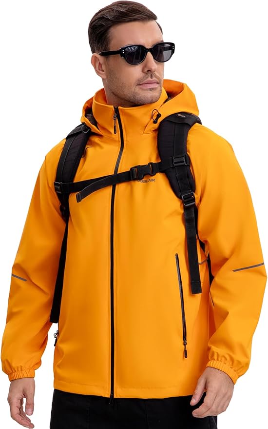 Men's Rain Jacket Waterproof Windproof Breathable for Hiking Cycling Commuting with Hood & Pockets