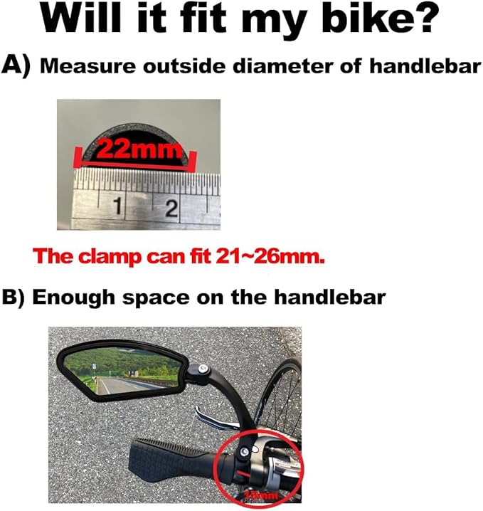 Bike Mirror Handlebar Mount, E-Bike Mirror for Handlebars, HD Glass Lens, Bike Rear View Mirrors, Clear & 360° Adjustable View Bicycle Mirrors for Bikes&E-bikes (Right)