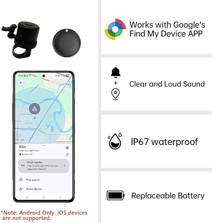Bike Bell with Tracker Tag Work for Find Hub APP, Bike Mount for GPS Tracker Waterproof Classic Stainless Steel Holder, Anti-Theft,100dB, Fit 0.83''/22.0, 1''/25.4mm Handlebars (Android Only)
