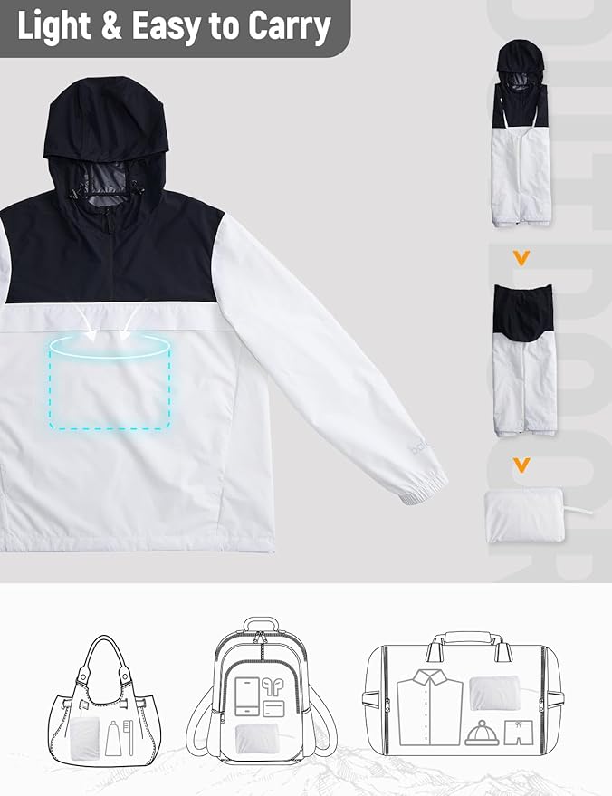 baleaf Men's Rain Jacket Water Resistant Hiking Windbreaker Packable Running Golf Gear Hood Raincoat Reflective