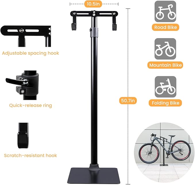 Heavy Duty Bike Floor Stand, Vertical Bicycle Storage Rack for Indoor Garage, Adjustable Rubber Hooks for Road, Mountain & Ebikes, Includes Multi-Function Repair Tool & Chain Plier
