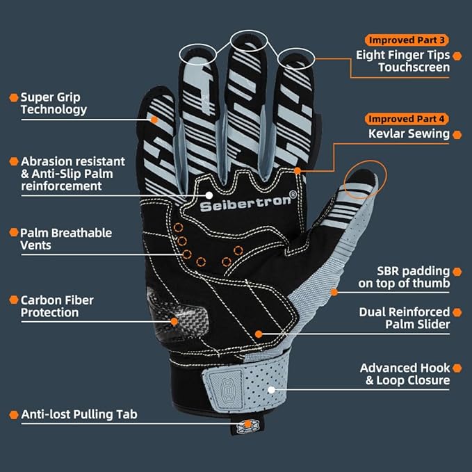 Seibertron SPS Series Touchscreen Motorcycle Motocross BMX ATV MTB Bicycle Cycling Full or Half Finger Gloves Adult and Youth