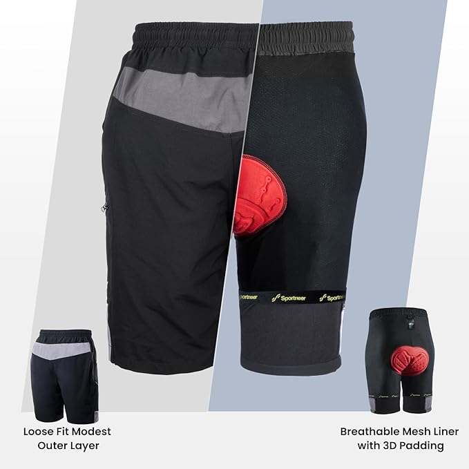 Sportneer Bike Shorts for Men: 3D Padded Lightweight Riding Biking Cycling Mountain Bike Shorts for Men with Zipper Pockets