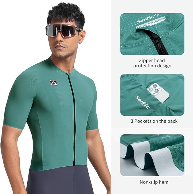 Santic Men's Cycling Jersey Short Sleeve Tops Pro Road Bike Shirt Full Zipper UPF 50+ Bicycle Jersey with Pockets