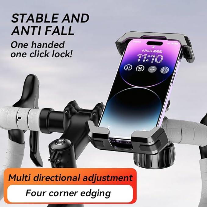 One-Hand Operation Bike Phone Holder 360° Rotation & Anti-Vibration Quick Release Holder for Motorcycle Scooter E-Bike Fits iPhone Samsung Google Pixel, Black (Upgraded version)