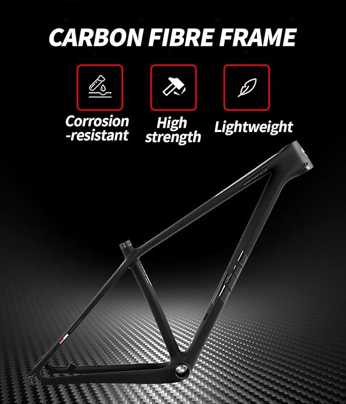 27.5er 29er XC Hardtail Mountain Bike Frame 15/17/19in Carbon Fibre Disc Brake Frame 135mm Quick Release Cyclocross Bike Frame BB92*41mm(Black,27.5 * 19")