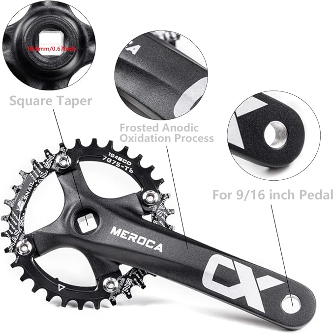 Cyclon Single Speed Square Taper Crankset, 170mm Mountain Bike Crankset with 104BCD 32T/34T/36T/38T/40T/42T Narrow Wide Tooth Round Black Chainring, Replacement for Bicycle Crank Arm Set MTB Crankset