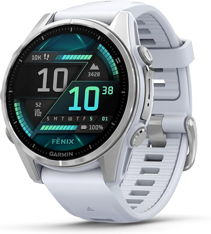 PlayBetter Garmin Fenix 8 AMOLED (43mm, Silver/Whitestone) Multisport GPS Smartwatch Bundle - 1.3” Touchscreen, Built-in LED Flashlight Wireless Running Earbuds
