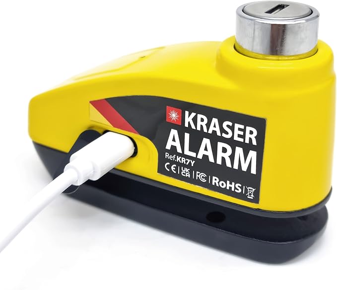 KRASER KR7Y Alarm Disc Lock USB Rechargeable Battery, 110dB Motion Sensor, Waterproof +Visible, 7mm Pin, Carry Pouch, Universal Anti Theft Wheel Brake Lock for Motorcycle Scooter Bicycle Electric Bike