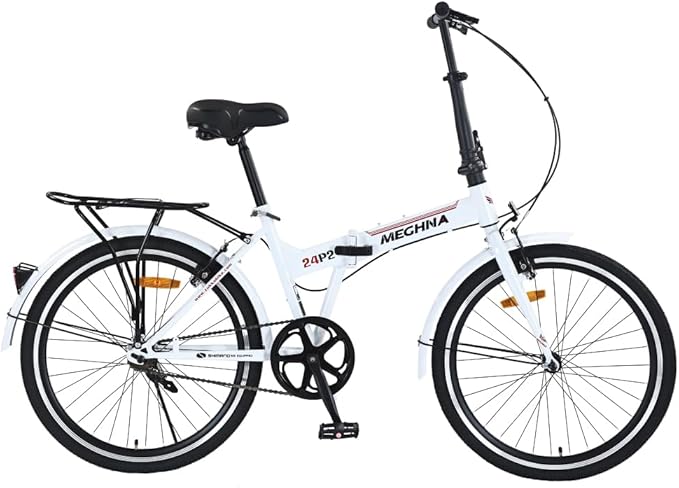 24 Inch Folding Bike for Adults, Steel Frame Single Speed City Commuter Bicycle, Dual V-Brake Portable Compact Bike with Fenders for Men Women