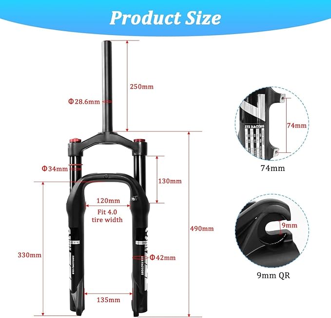 ZTZ 20 * 4.0 inch Fat Tire Air Suspension Fork - 130mm Travel, 135mm Spacing Hub, 9mm QR, Crown Lockout,Ultralight Fat Tire Bike Front Fork, Fit for Snow Beach XC Mountain Bikes