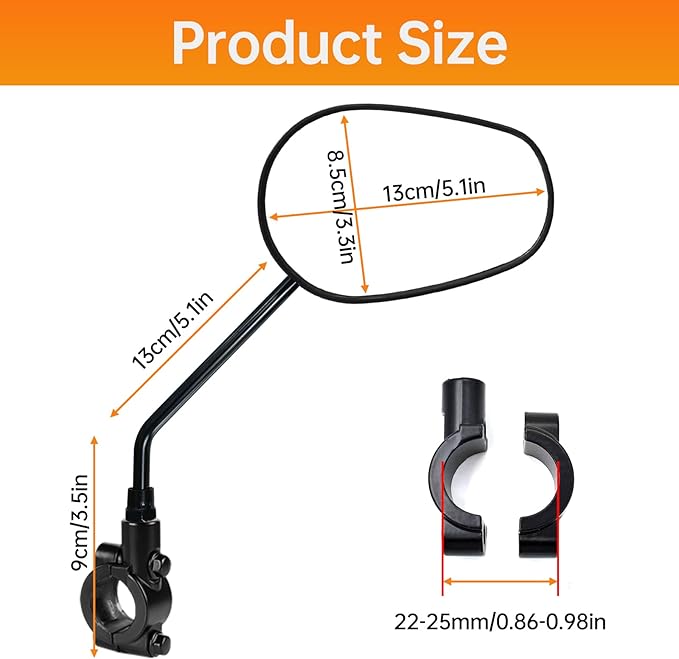 Bike Mirrors for Handlebar Mount, 2PCS Bike Rear View Mirror, HD Glass Bicycle Mirrors for E-bike, Mountain Bike, City Bikes & Scooter (Left&Right 0.87-0.98")
