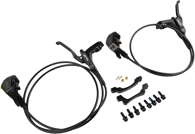 Bicycle Hydraulic Disc Brake Set with Four-Piston Calipers and Aluminum Alloy Construction for Mountain Bike Off-Road and Urban Riding Front/Rear Hose Included(Blue)