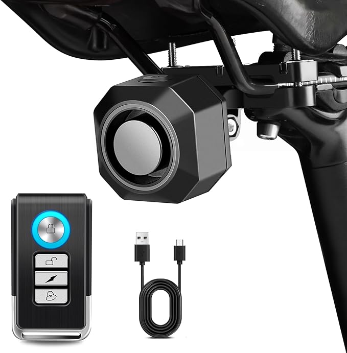 Cruxer Bike Alarm with Saddle Bracket, USB Rechargeable Wireless Anti-Theft Vibration Alarm, IP54 Waterproof, 110db Volume and Sensitivity Adjustable Sensor Burglar System with Remote