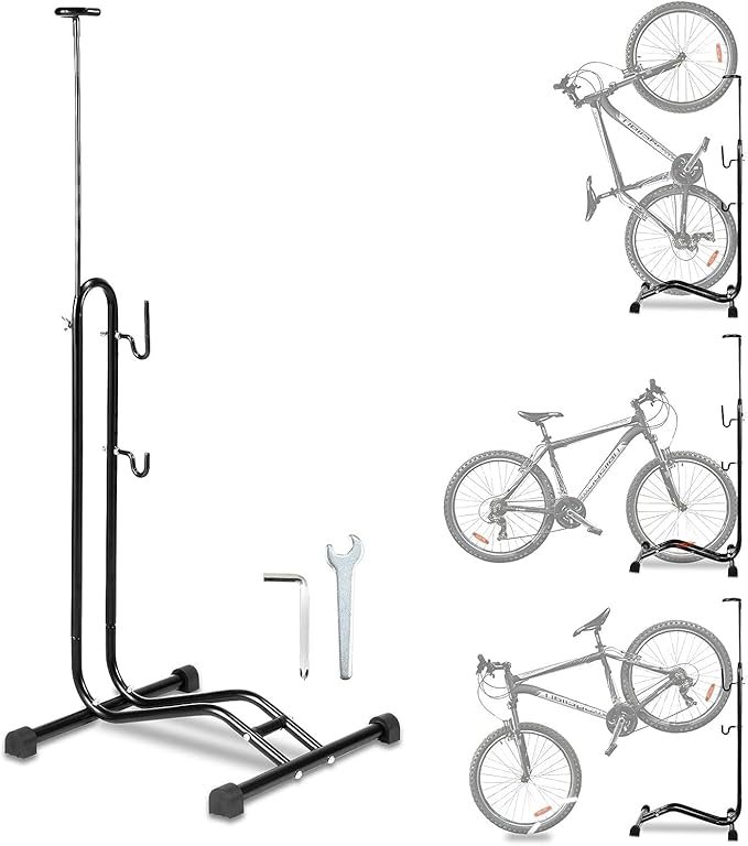 3 in 1 Bicycle Floor Stand - Freestanding Upright Parking Storage Rack, Space Saver, Suitable for Mountain Bike, Road Bike, Max Wheel Diameter 27.5 Inches