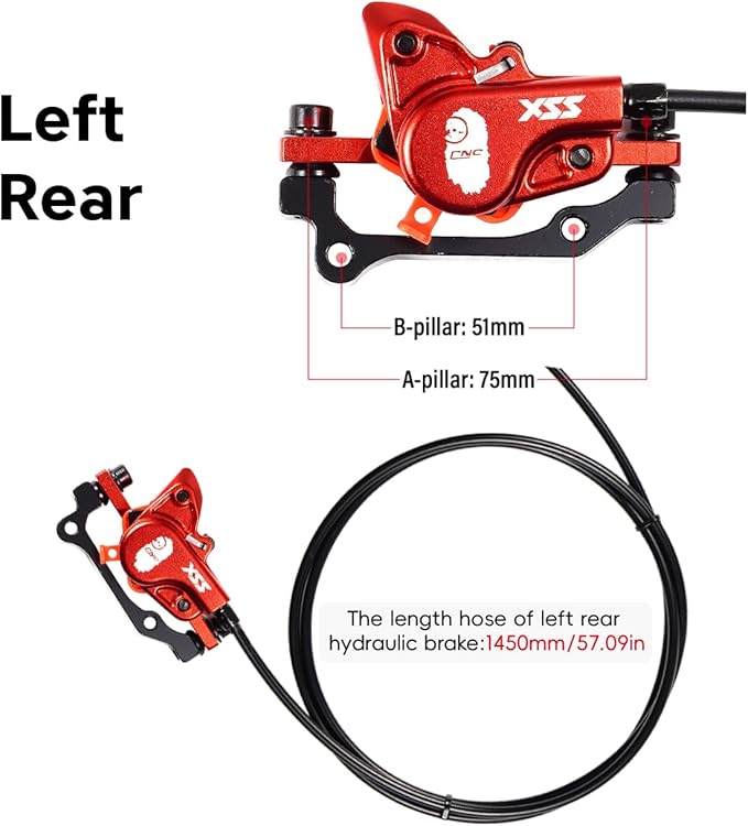 CNC MTB Hydraulic Disc Brake Set，Mountain Bike Hydraulic Disc Brakes Right Front 800mm Left Rear 1450mm Hydraulic Brake，Red