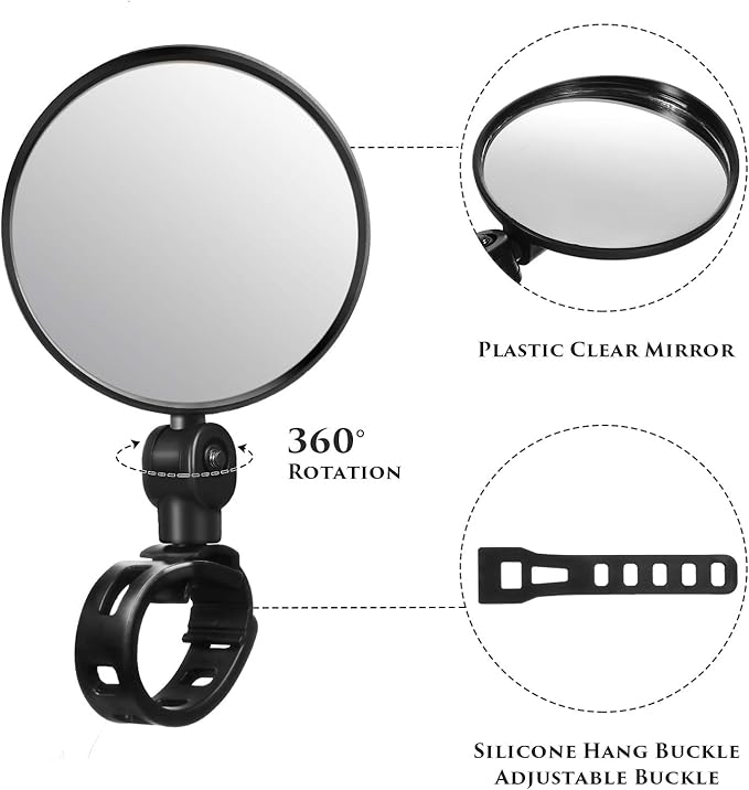 2 Pieces Bike Mirror Cycling Rear Mirror Adjustable 360 Degree Rotatable Handlebar Rearview Bicycle Mirrors Shockproof Wide Angle Acrylic Convex Safety Mirror for Most Mountain Road Bike