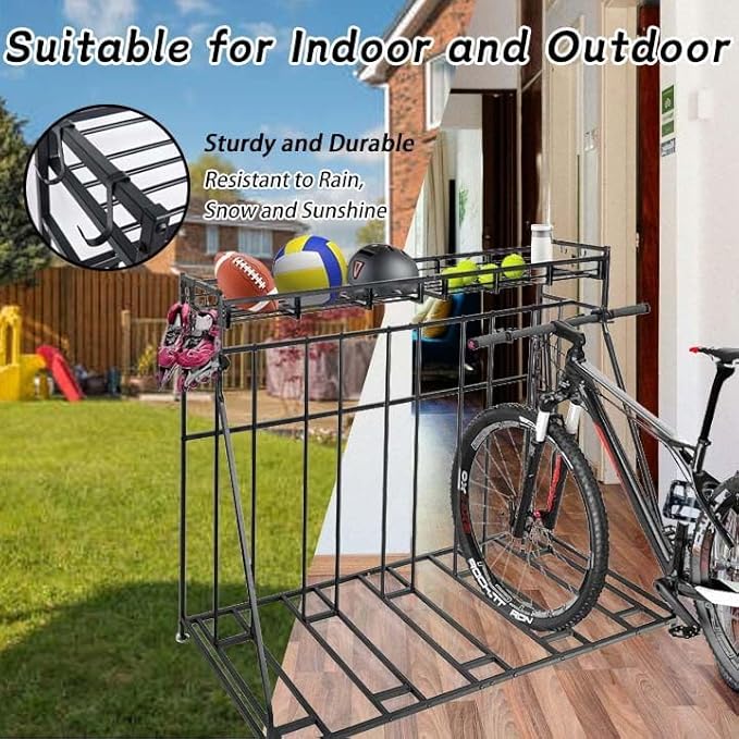 Kapler Bike Stand Rack - 4-Bicycle Floor Parking with Storage Basket & Anti-Slip Base for Garage Backyard Indoor & Outdoor Use - Fits Mountain Road & Hybrid Bikes