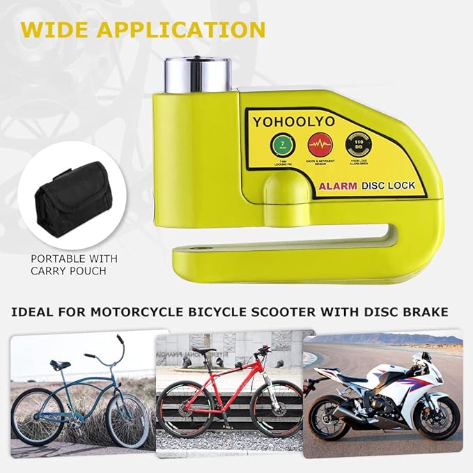 YOHOOLYO Alarm Disc Lock Motorcycle Disc Brake Lock Anti-Theft Waterproof 110 dB 7mm Pin 5ft Reminder Cable for Motorcycles Bike Scooter Carry Pouch