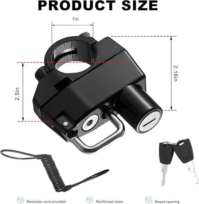 Motorcycle Helmet Lock & Cable, Anti-Theft Handlebar Mount Helmet Security Holder Hook with 2 Keys, Aluminum Alloy Helmet Safety Lock for Motorbike Scooter Street Bike Dirt Bike