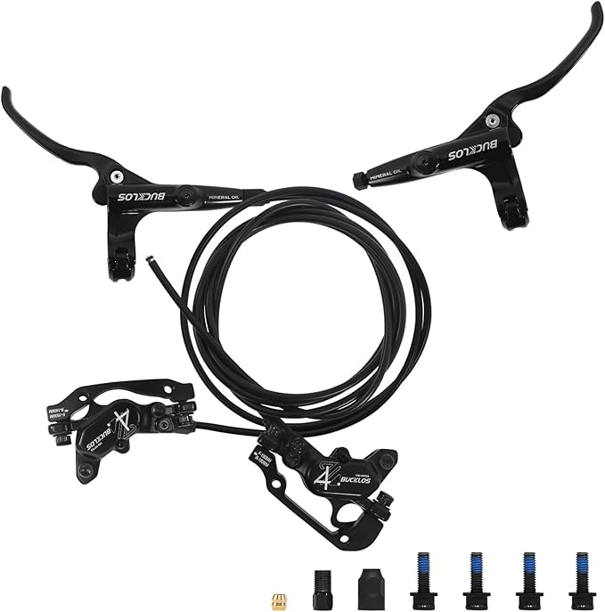 BUCKLOS MTB 4 Pistons Hydraulic Disc Brake Set, Mountain Bike Left Front 850 mm Right Rear 1630 mm Bicycle Disk Break Aluminum Alloy Caliper Lever for Ebike/Folding Bicycle/Fat Bike HD-M735(Pre-Bled)