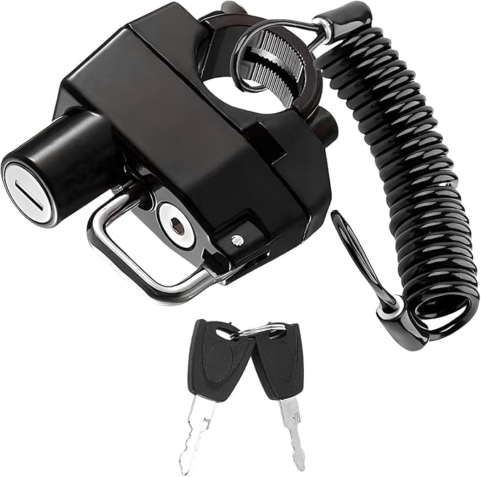 Motorcycle Helmet Lock & Cable, Anti-Theft Handlebar Mount Helmet Security Holder Hook with 2 Keys, Aluminum Alloy Helmet Safety Lock for Motorbike Scooter Street Bike Dirt Bike