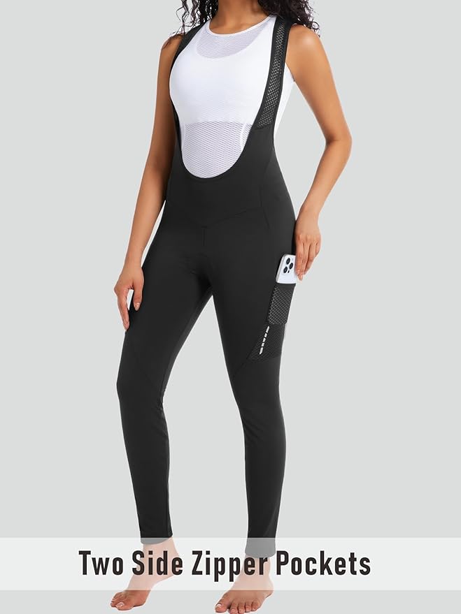 qualidyne Women's Thermal Fleece 4D Padded Cycling Bib Tights with Pockets, Ankle Zips, Full-Length for Cold Weather