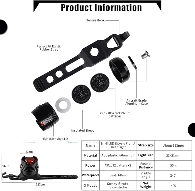 2PCS Rear Bike Tail Light Mini Strap-On LED Micro Bicycle Lights,180 Degree Visibility - Safety on All Sides