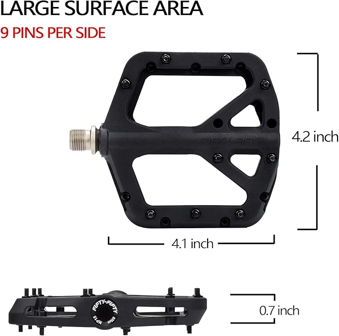 FIFTY-FIFTY Mountain Bike Pedals, Non-Slip MTB Nylon Composite, 9/16" Bicycle Pedals, Lightweight and Wide Flat Platform