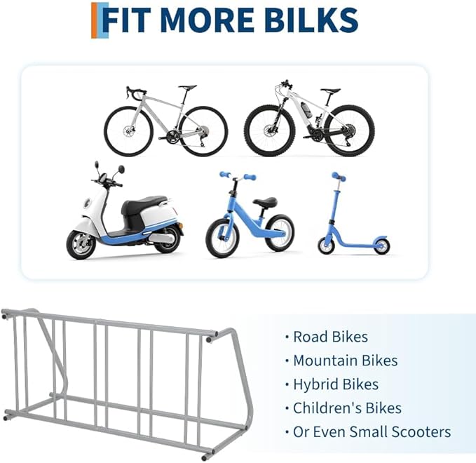 Floor Bike Rack, 5-Bike Single-Side Grid Bicycle Floor Parking Stand, Sturdy Garage Bike Rack, Compact Storage Stand for Streets, Yards & Bike Events