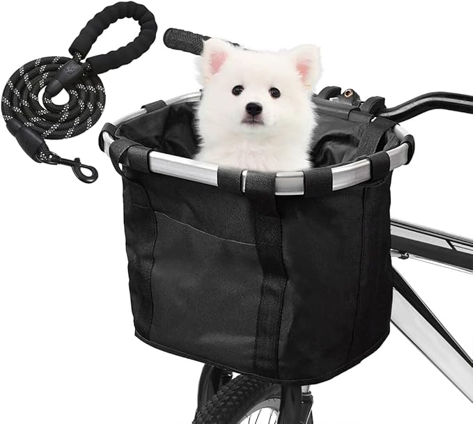 Detachable Bike Basket, Dog Cat Bicycle Handlebar Front Bag Pet Carrier with 5 FT Dog Leash for Cycling, Shopping, Picnic, and Outdoor