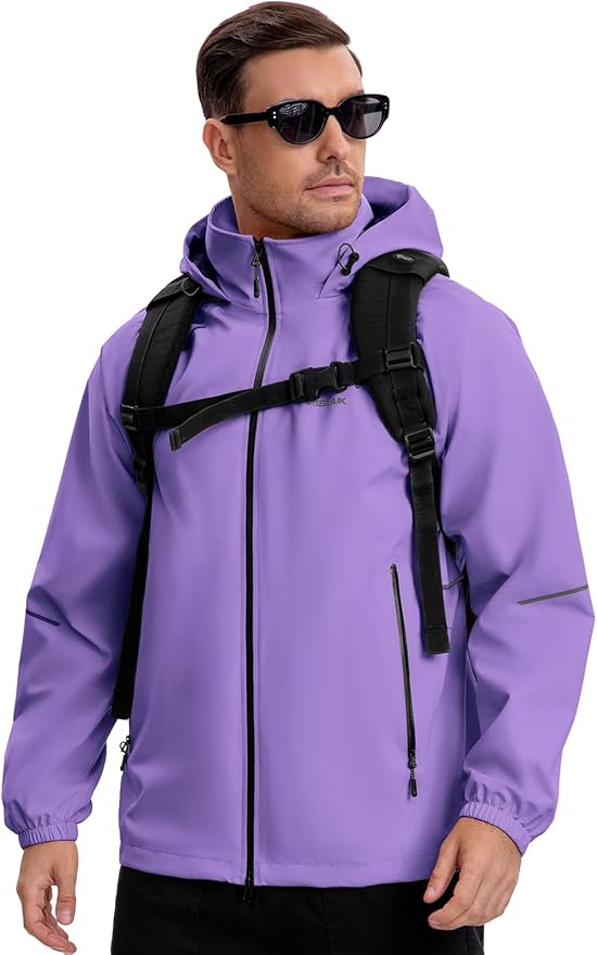 Men's Rain Jacket Waterproof Windproof Breathable for Hiking Cycling Commuting with Hood & Pockets