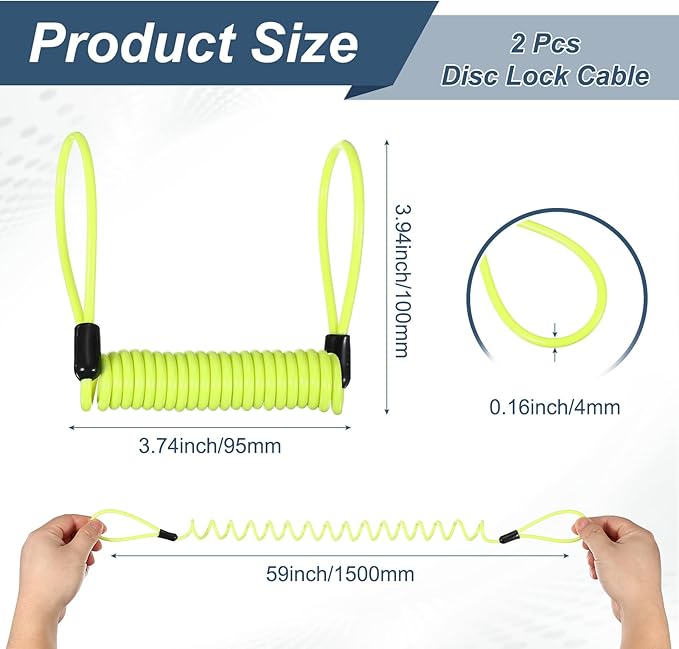 2-Pack Disc Lock Security Steel Cable, 59inch/1500mm PVC Coated Spring Reminder Wire Anti-Theft Rope for Outdoors Protection/Bicycle U-Lock, Motorcycle Reminder Cable [Yellow]