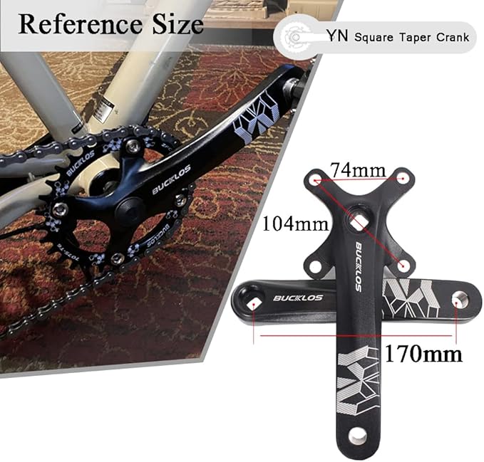 BUCKLOS MTB Mountain Bike Single Speed Square Taper Crankset -170mm Cranksets Bicycle Crank Set with 104BCD 32/34/36/38/40/42T Round/Oval Chainring Fit for Ebike/Commuter Bike