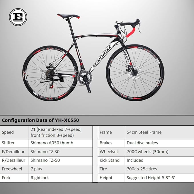 EUROBIKE YH-XC550 Road Bike for Men 54cm Frame Bicycle 700C Wheels Aluminium Rims 21 Speed Dual Disc Brake Commuter Bikes (30mm Rims)