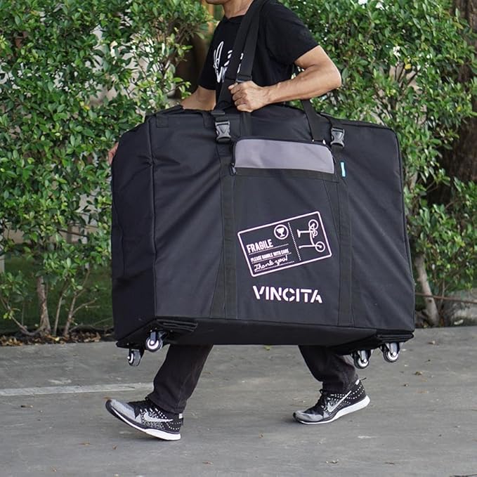 Vincita Soft Transport Bag for Folding Bikes with 4 Spinner Wheels – Travel Case Fits 20" Wheels – Padded Bicycle Carrier with Garment Storage