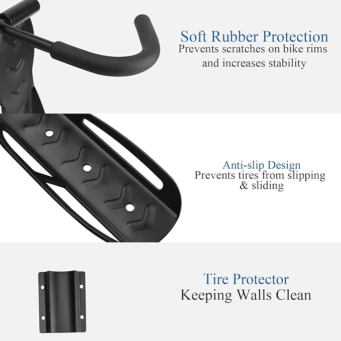 Garage Bike Rack Wall Mount, Bike Hanger Hooks, Heavy Duty Vertical Bicycle Storage System for Indoor, Mountain MTB and Road Bikes, Holds up to 65 lbs with Screws, 4 Pack